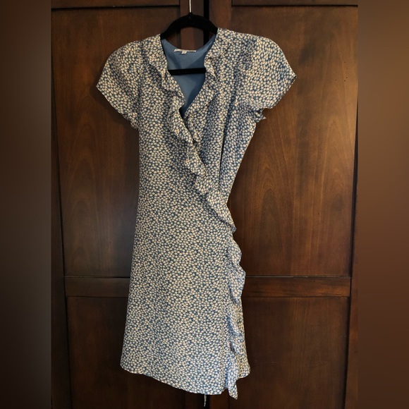 Madewell Silk Ruffle Mini Floral Dress Blue Size XS - Picture 2 of 10
